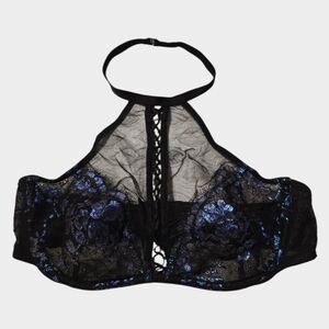 Victoria's Secret Very Sexy Bralette Large Black Underwire Metalic Lace Mesh